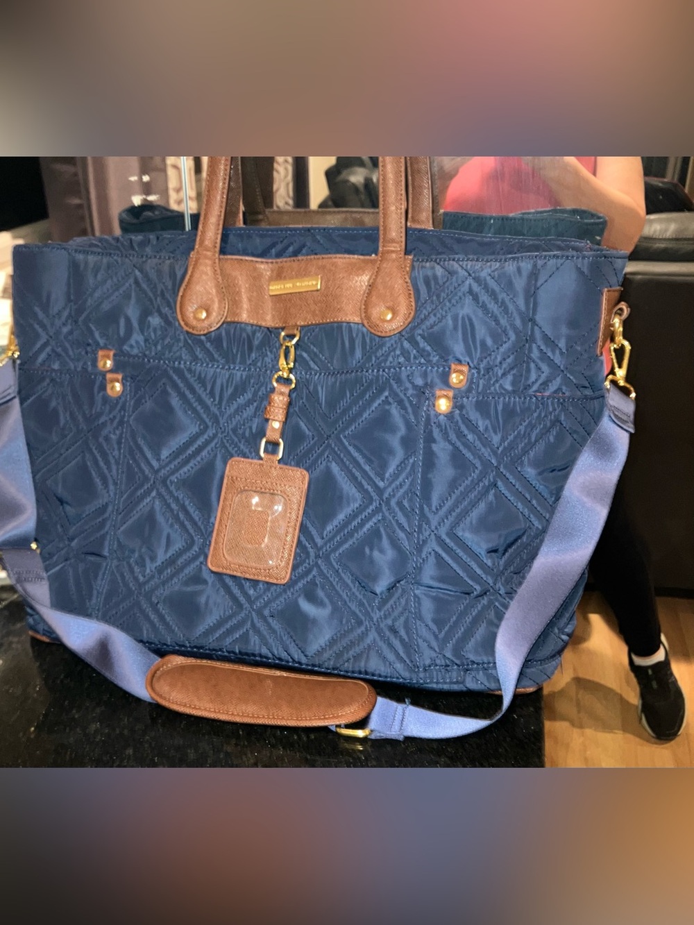 GUC Adrienne Vittadini Quilted Blue w/Brown Trim Travel Bag 3162 17” W 12” H 9”